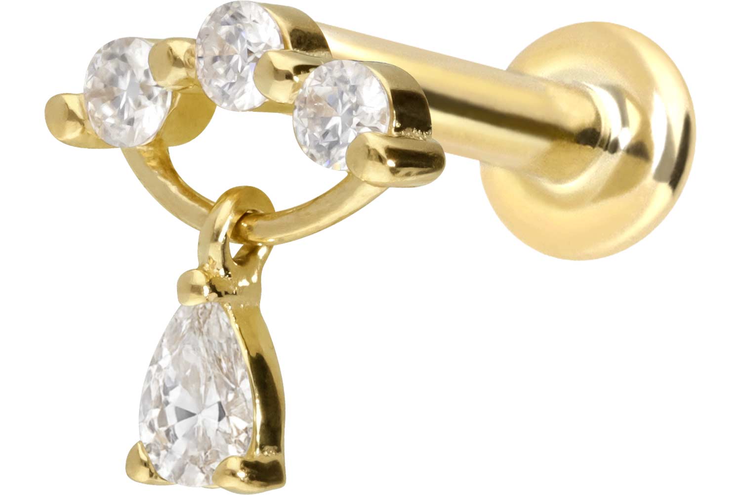 14 Karat Gold Labret Piercing mit Innengewinde MOISSANIT-BOGEN + MOISSANIT-TROPFEN